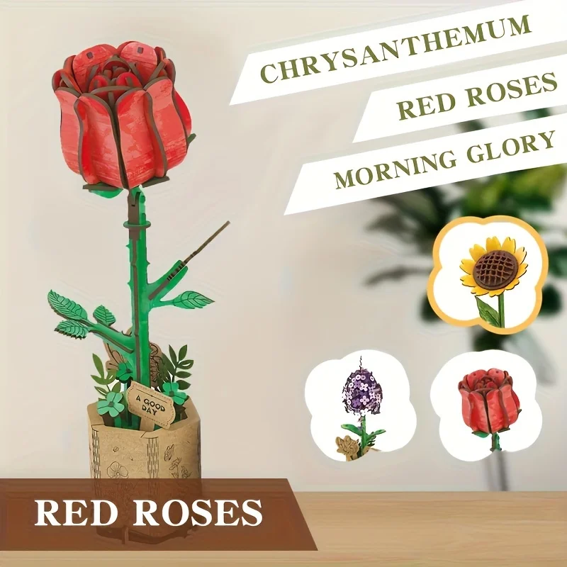 3D-Blumenhandwerk aus Holz, Blumenbausteine, DIY-Modellbausatz