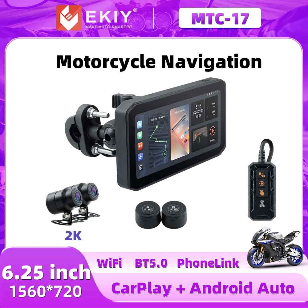 

EKIY 6,3 дюйма DVR беспроводной Carplay и Android Авто IPX7 Передняя Задняя камера Bluetooth шлем Навигация экран дисплея портативный