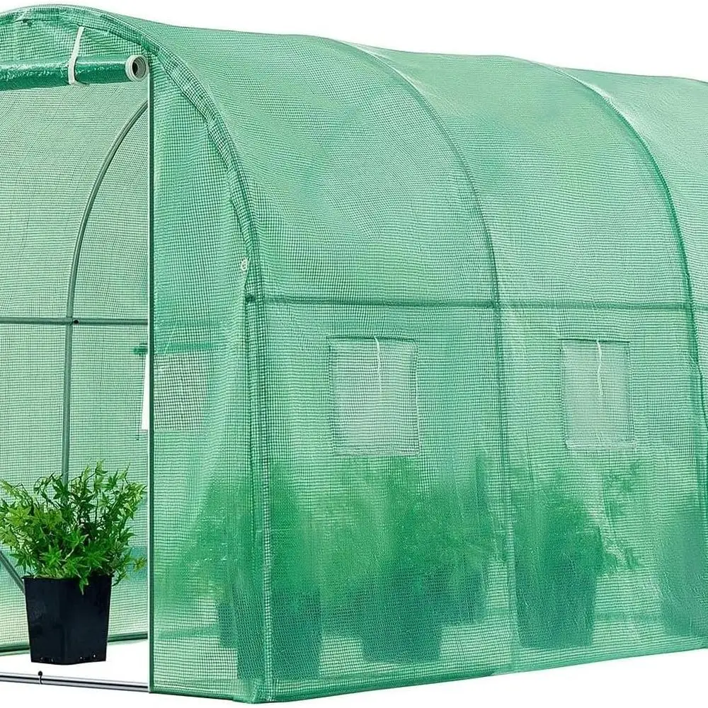 

10x7x7 Ft. Large Walk in Greenhouse, Greenhouse Tunnel, Garden Plant Hot House with Green PE Cover, Roll-up Zipper Door and Wind