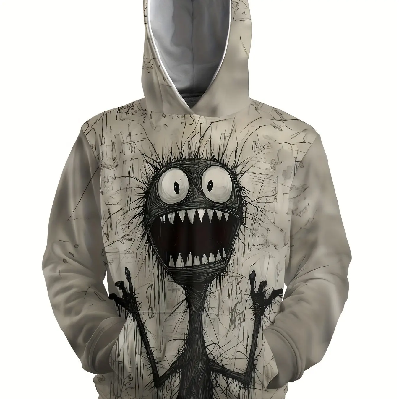 Men's Retro Style Monster Print Hooded Sweatshirt With Drawstring, Winter And Fall Sports Hoodie For Street Wear, Top For Male