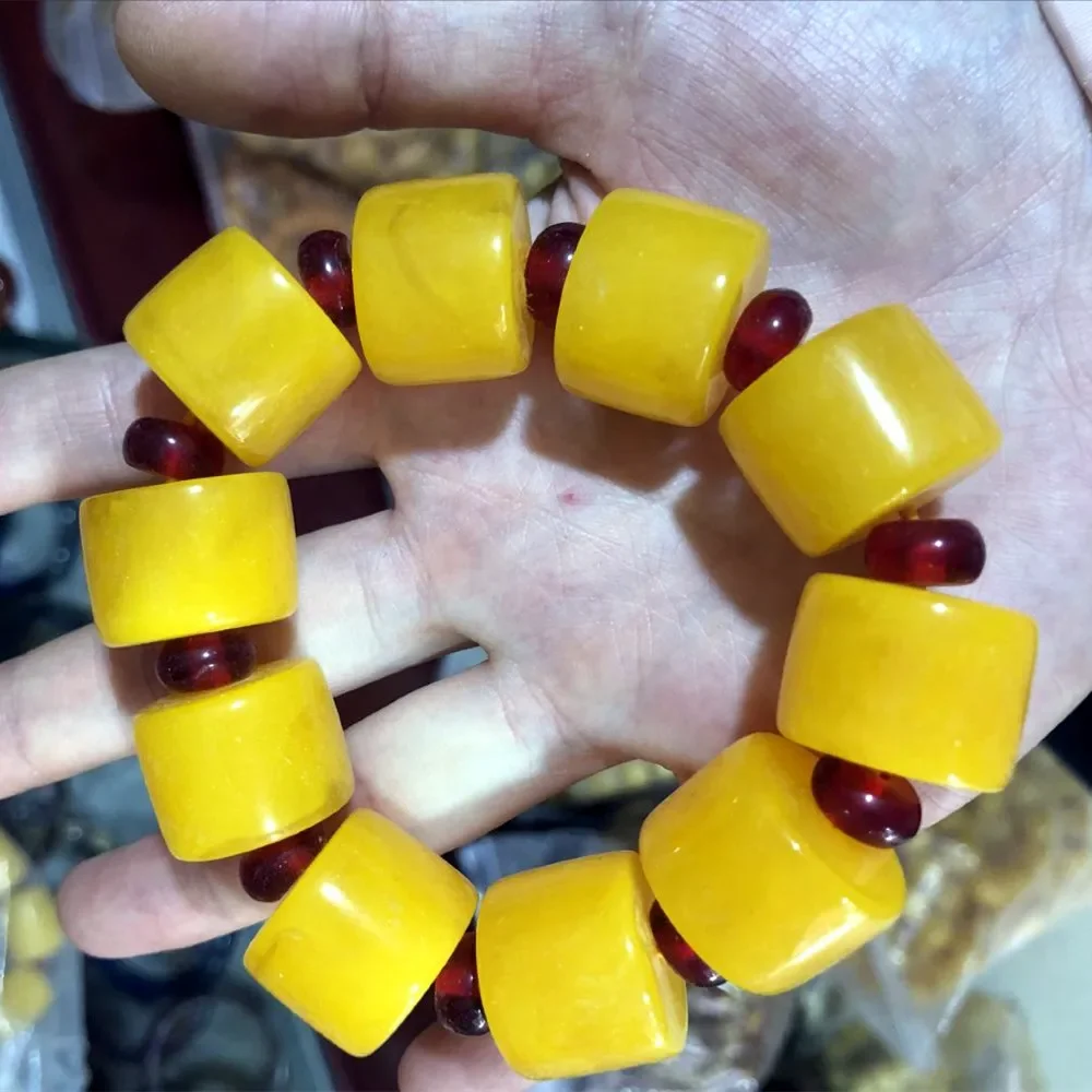 Natural Amber Beeswax Explosion Natural Amber Beeswax Old Stone Abacus Bead for Men Hand Bracelet Yellow Bangle for Men Big Size