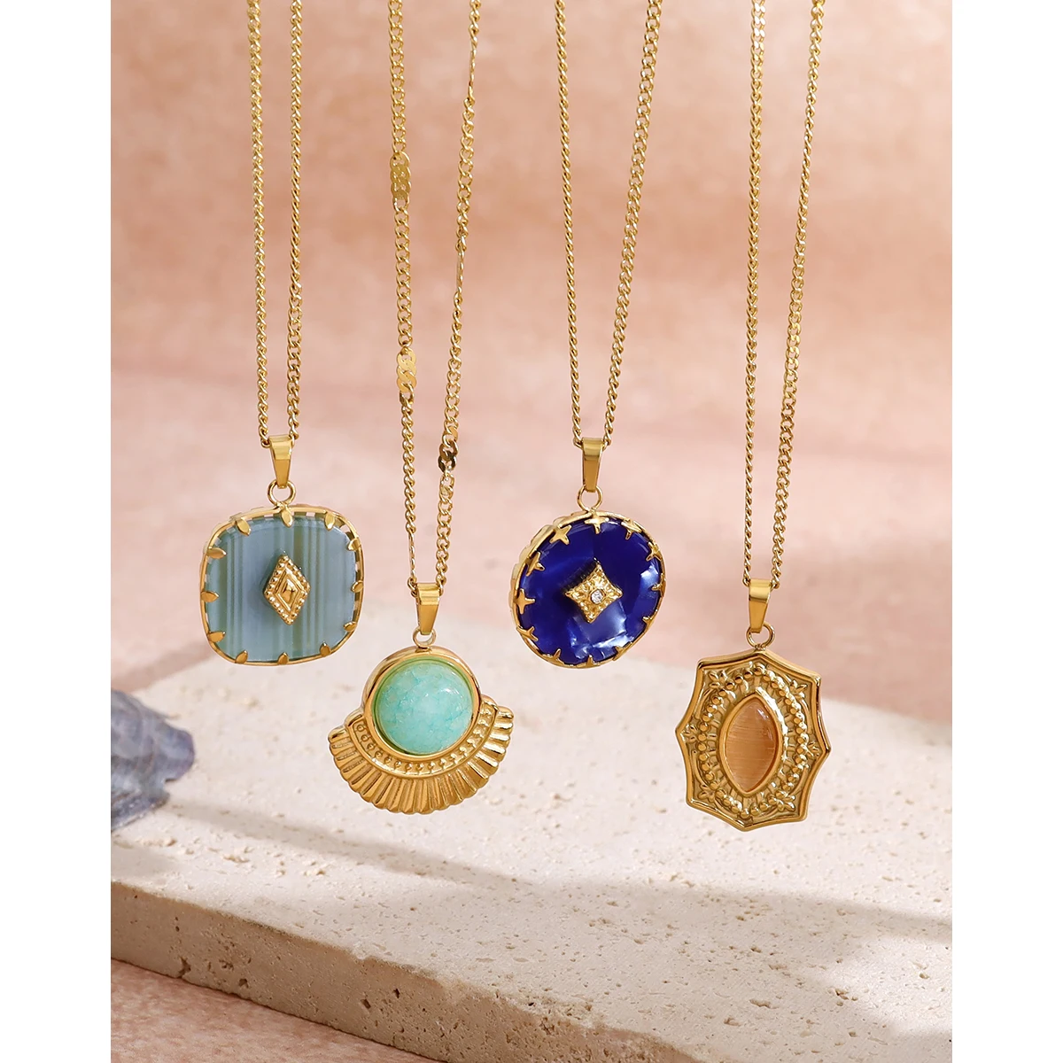 YACHAN Vintage Boho Stainless Steel Pendant Necklaces for Women Luxury Natural Stone Acrylic Charms 18K Gold Plated Jewelry