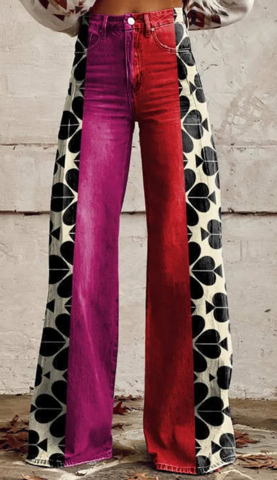 Neue Vintage Gradient Imitation Jeans frauen Breite Bein Neue Mode Hohe Taille Casual Retro Punk Frauen 3D Gedruckt Imitation Jeans