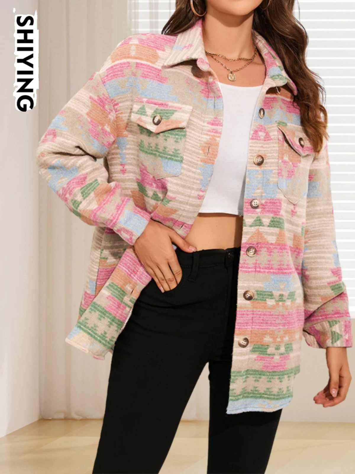 

Simple Printed Jaet Sweet Sle Long Sve Flip Collar Regular Length Faionable Single Button Crossborder ort Coat