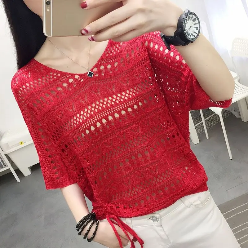 Hollow Out Knitwear for Women, Casual Tops, Simplicity, Office Clothes, Monochromatic, All-Match, Lady Fashion, Summer