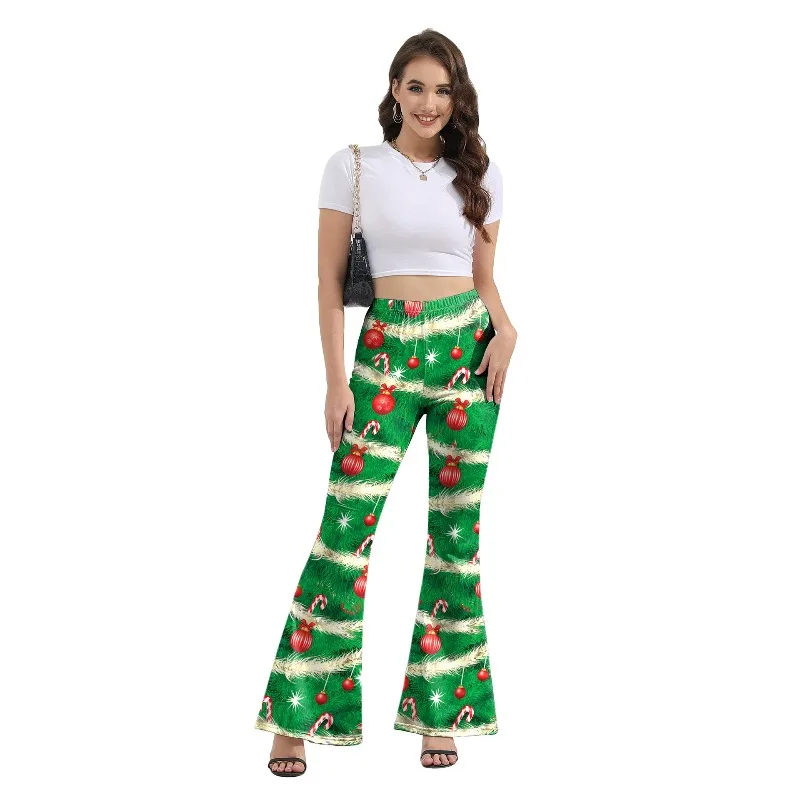 Pantalones navideños para mujer, pantalones acampanados con estampado de caramelo verde, pierna acampanada, fiesta, moda, arte digital, pantalones de pierna ancha
