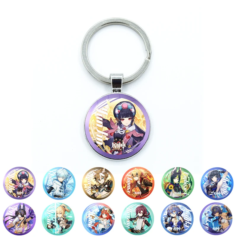 Anime Genshin Impact Kunikuzushi Morax Kaeya Xiao Hu Tao Tartaglia Glass Dome Keychain Badge Cartoon Cosplay Pendant Accessories