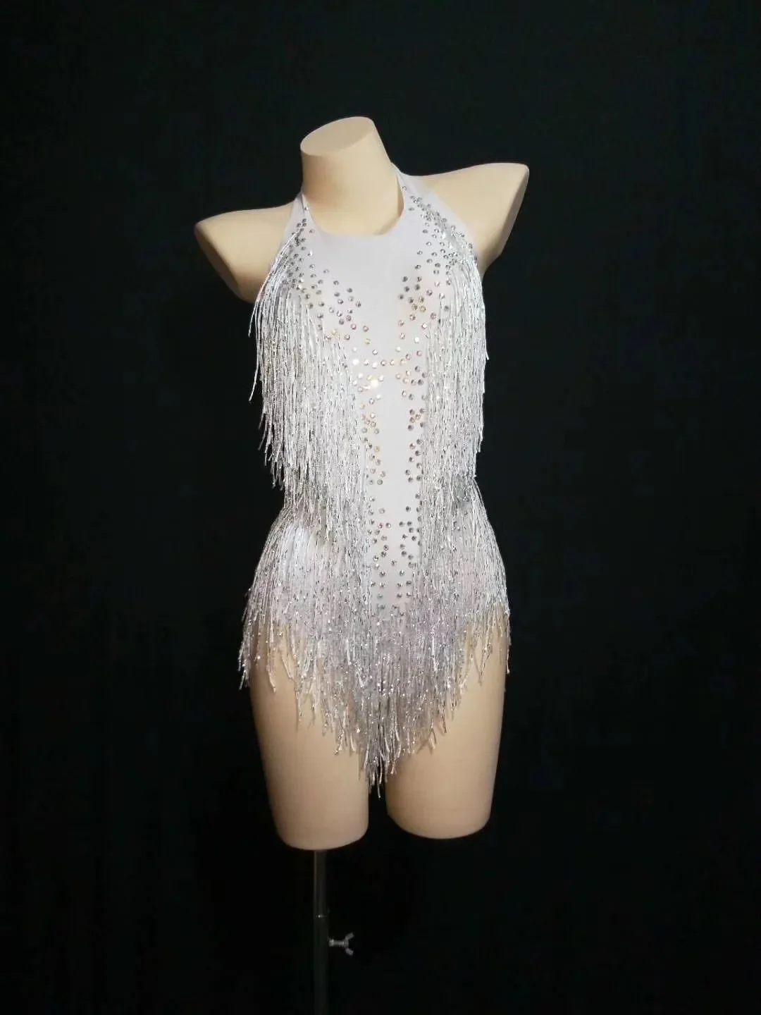 

Women Sparkly Rhinestone Fringes Bodysuit Nightclub Outfit Glisten Beads Dance Costume One-piece Latin Wear Singer Stage Leotard