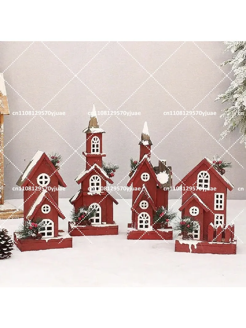 Christmas Wooden Fir Cabin Snow House Red Glowing Decoration Scene Ornament
