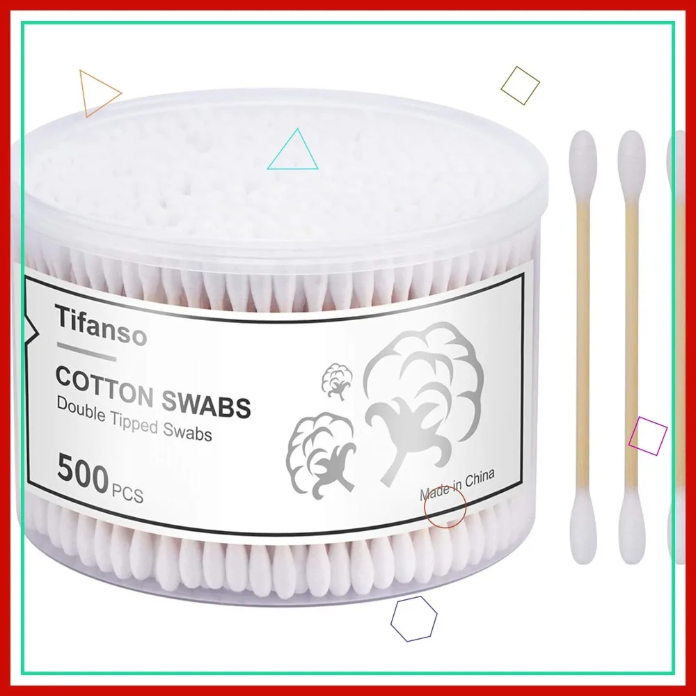 

500 Count Cotton Swabs, Natural Double Round Strong Wooden Cotton Tip Sticks Buds for Ears, with Storage Box