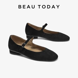 BEAUTODAY Solid Flats Women Genuine Sheep Suede Round Toe Metal Buckle Low Heel Casual Ladies Shoes Handmade 28306