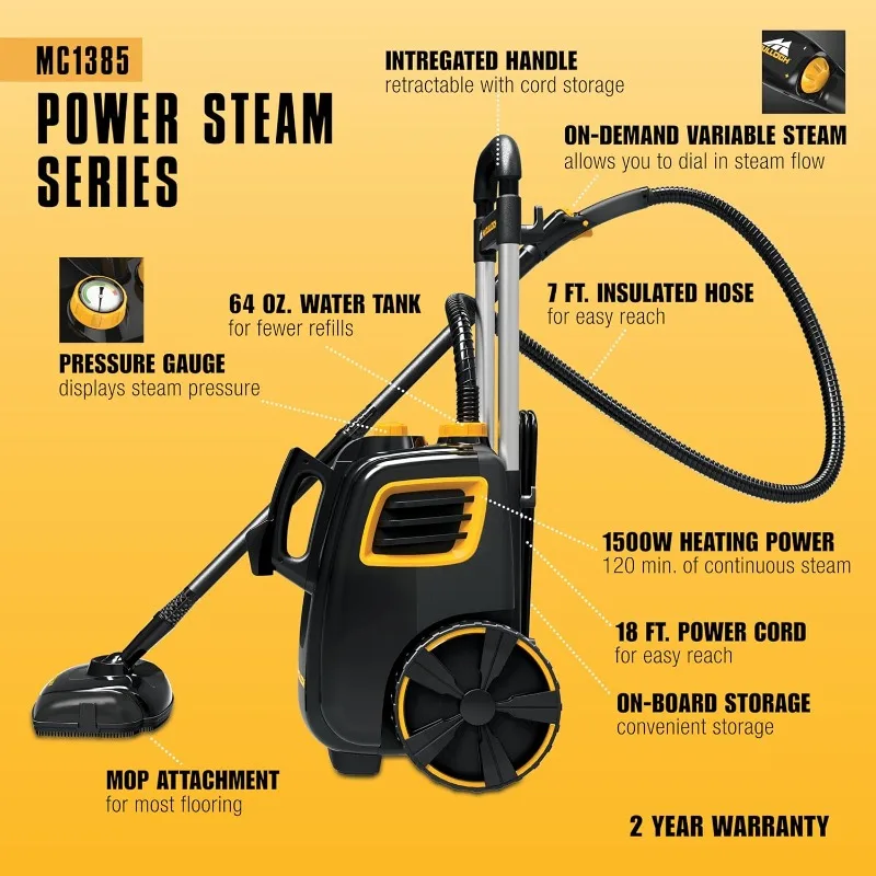 Canister Steam Cleaner, 2-Hour Runtime, Chemical-Free, 23 Accessories: Mop Head, Brushes & More - Built for Home, Tile, Carpet