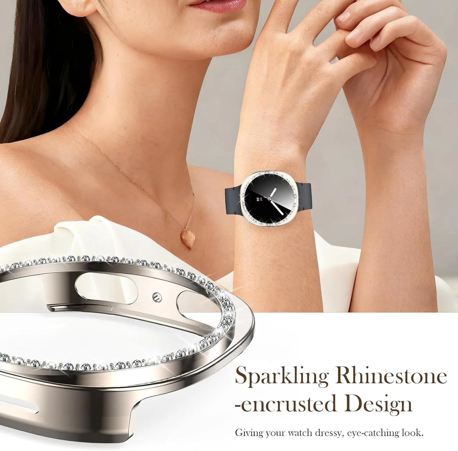 For Samsung Galaxy Watch 8 40/44mm, Elegant and Shiny Rhinestone Hollow Out Watch Case and High-Definition Tempered Film Set
