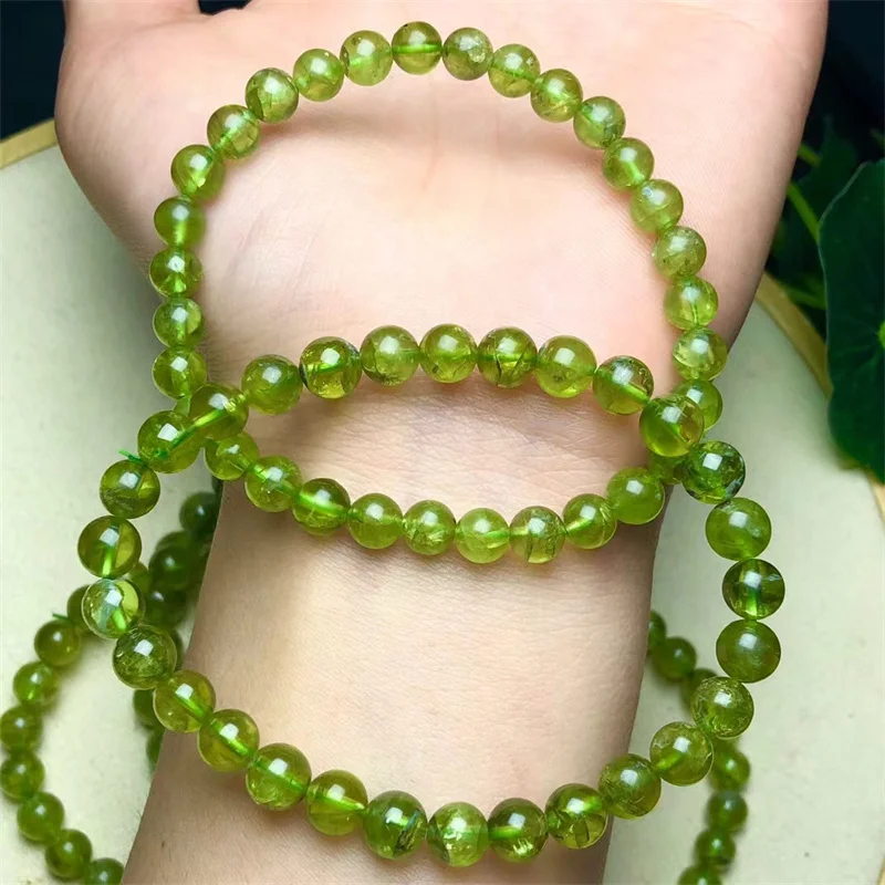 Natural Peridot Bracelet Crystal Smooth Round Beads Healing Fengshui For Jewelry Making Holiday Gift 1PCS 6/7MM