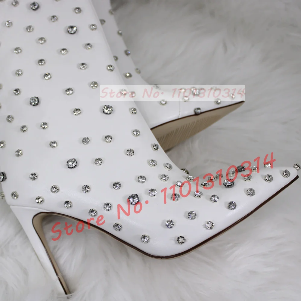 Jeweled Stiletto Mid-calf Boots Sexy Women Luxury Studded High Heels Shoes Ladies Pointed Toe Bling Crystal Side-zipper Boots