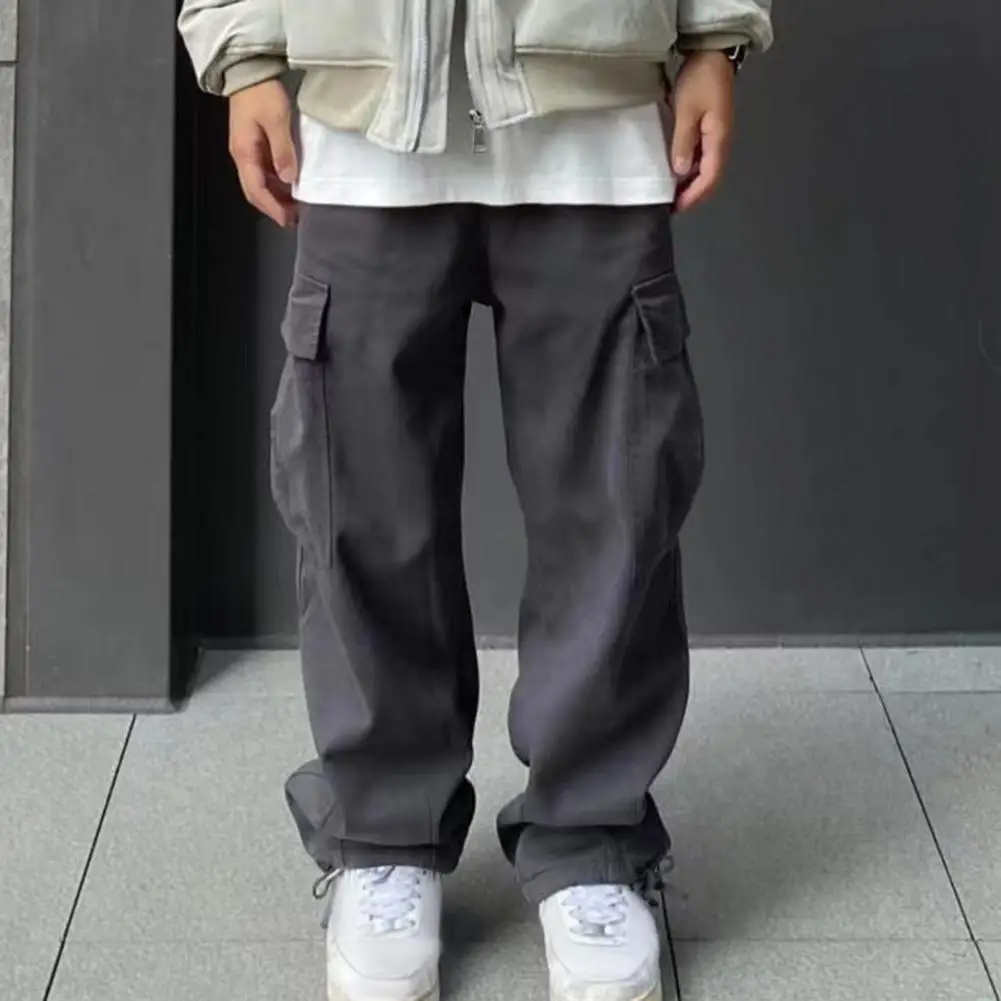 

Solid Color Pants Long Trousers Retro Style Men's Cargo Pants with Elastic Waist Wide Leg Multi Pockets for Comfortable