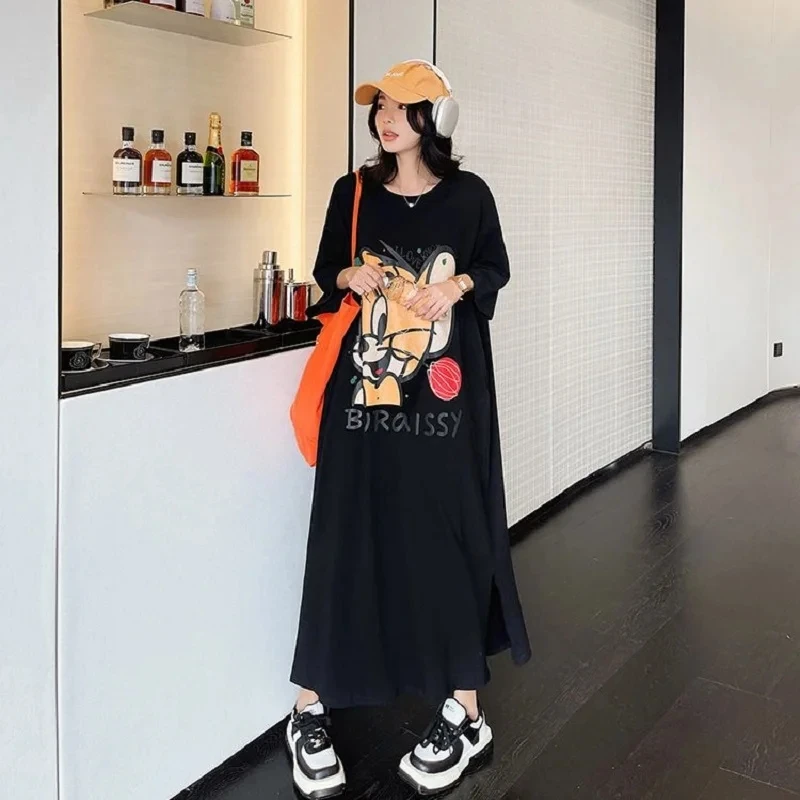 Fashion Cartoon Print Extra Long Ankle Dress Dresses for Women 2024 Casual New in Dresses Loose Slim Short Sleeve T-shirt Dress