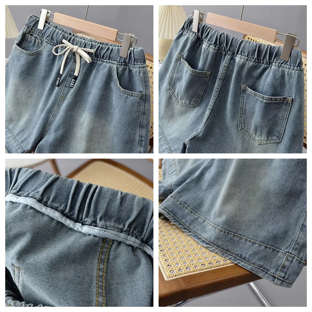 Celana pendek DENIM เอวยางยืดสำหรับผู้หญิงกางเกงขาบานลำลองทรงหลวมไซส์ใหญ่พิเศษ2024ฤดูร้อน