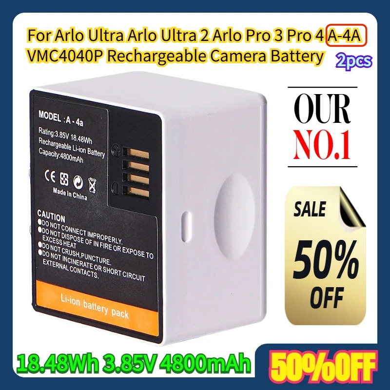 

2pcs For Arlo Ultra Arlo Ultra 2 Arlo Pro 3 Pro 4 A-4A VMC4040P Rechargeable Camera Battery 18.48Wh 3.85V 4800mAh Battery