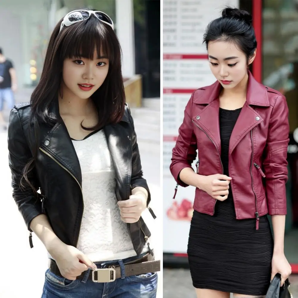 

Spring Fall Faux Leather Jacket Women 2024 Korean Turn-down Collar Zipper Windproof Zip-up Long Sleeves Motorcycle Jacket Coat