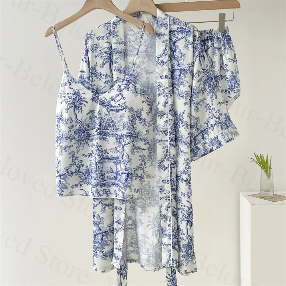 

Комплект из трех предметов, пижамный топ и шорты с принтом, женская синяя атласная ночная рубашка, сексуальная домашняя одежда с принтом, домашняя одежда, новое летнее нижнее белье