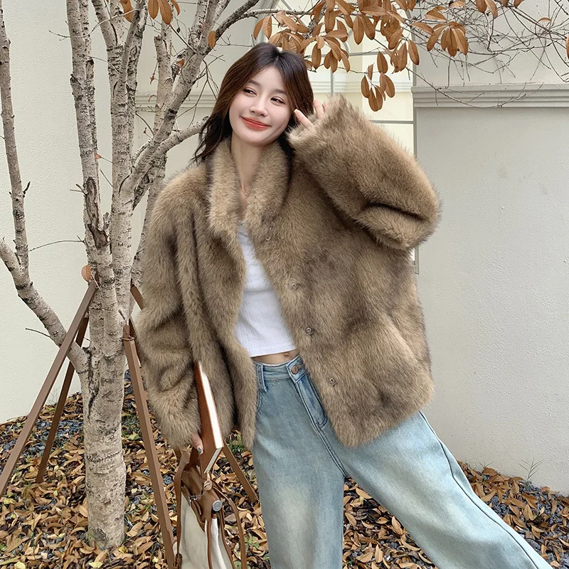 2025, Winter-verdickte warme Plüschjacke für Damen, Kaffeefarbe, umweltfreundlicher Vintage-Kunstpelzmantel, modisches lässiges Oberteil