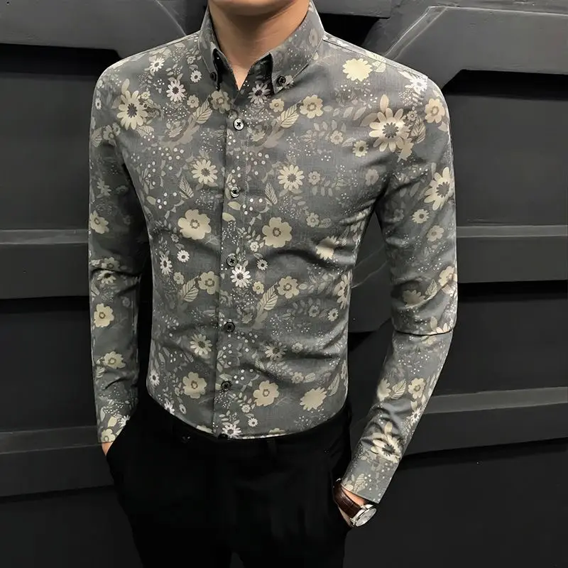 Long Sleeve Spring Summer Shirts Turn-down Collar Man Printing Skinny Handsome Button Fashion Business Casual Men\'s Clothing