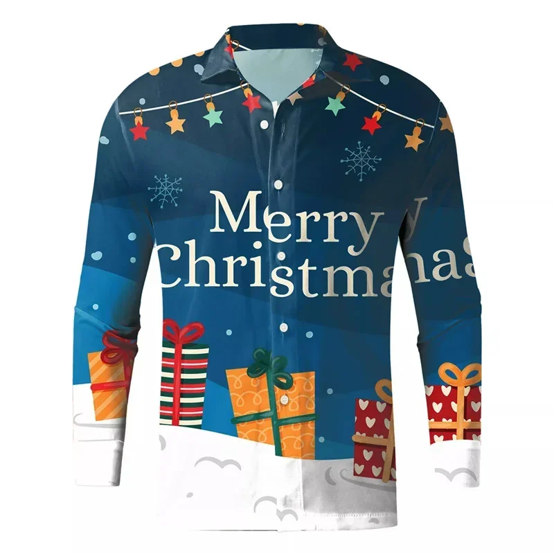 High-end Christmas cottage 3D printed pattern button-down shirt fashionable long-sleeved casual outdoor social 2024 shirt size p