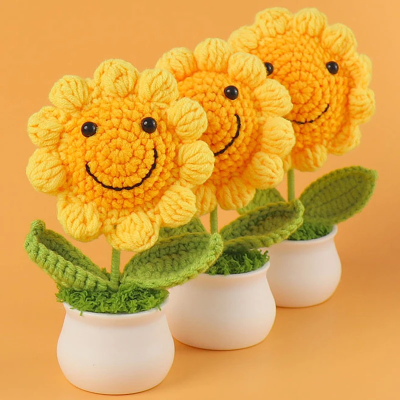 1PCS Kreative Künstliche Blumen Nette Häkeln Sonnenblume Töpfe Gestrickte Blume Handgemachte Geschenk Hause Hochzeit Gast Geschenke Desktop Decor – Detail 2