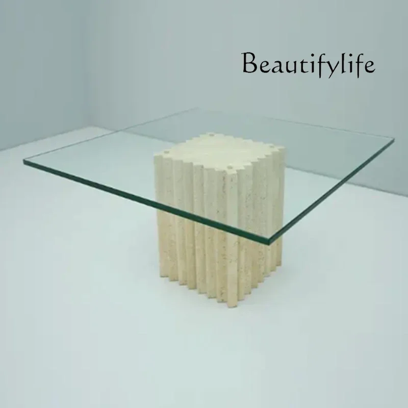 

X Modern Simple Natural Travertine Marble Coffee Table Square Light Luxury Tempered Glass Living Room Coffee Table