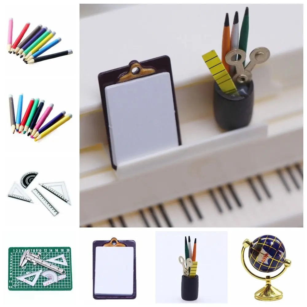 1:12 Scale Doll Stationery Mini Painting Tools Eraser Rulers Miniature Color Pencil Pen Container Decoration