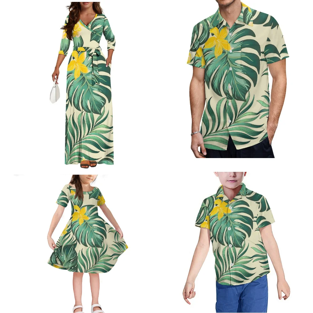 4-Piece Samoa Hibiscus Road Print Custom Polynesian Family Party Set Adult Child Set Mother Daughter Dress Father Son Shirt