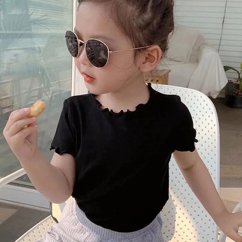 Baby Girls T-Shirt Summer Kids Short Sleeve Tops Tees Soft Ice Silk Fabric Toddler Solid Color Shirts Children\'s Clothing 1-10Y