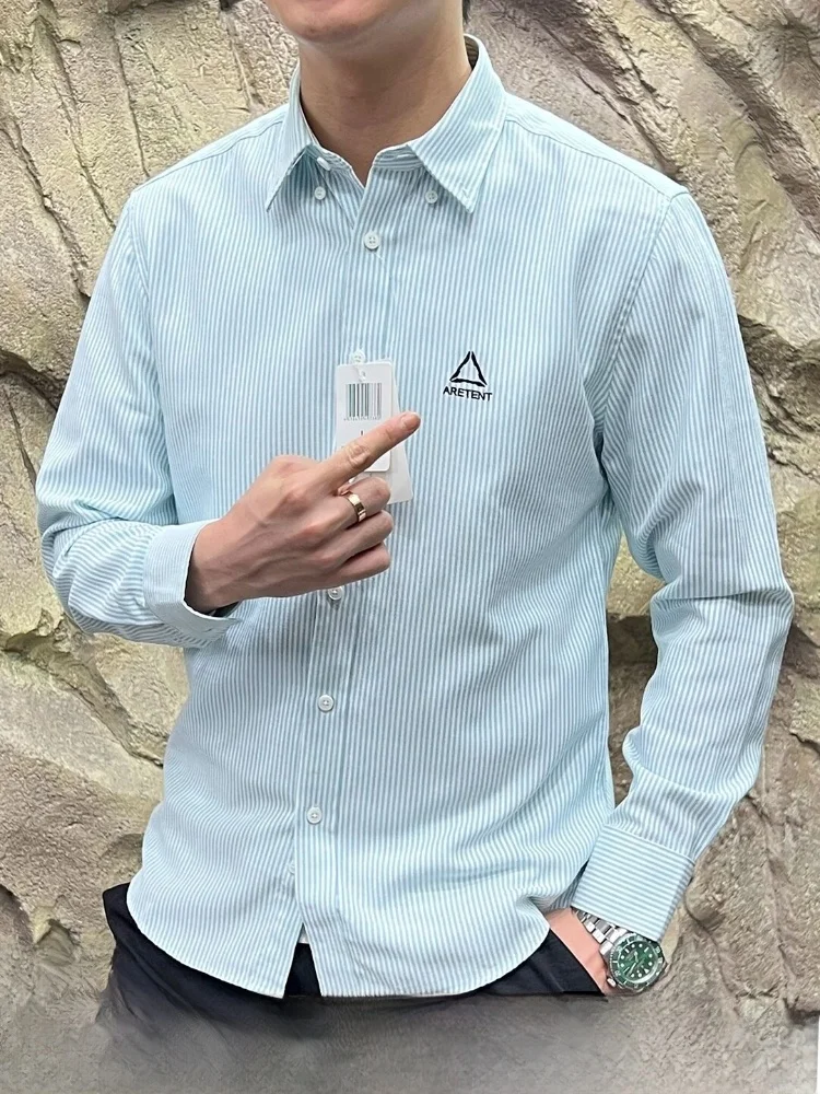 

Отличное соотношение цены и качества! Мужская весенняя рубашка из оксфордской ткани с длинным рукавом, мягкая, дышащая, в полоску, для деловых поездок и повседневной носки, приталенного кроя, из хлопка.