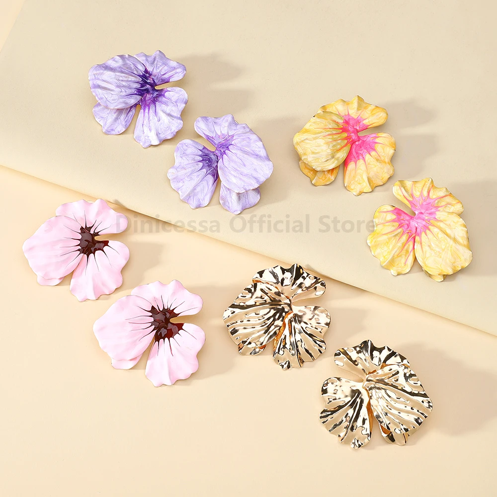 Luxury Exaggerated Enamel Metal Flower Petals Big Stud Earrings For Women Trendy Design Elegant Charming Wedding Party Jewelry