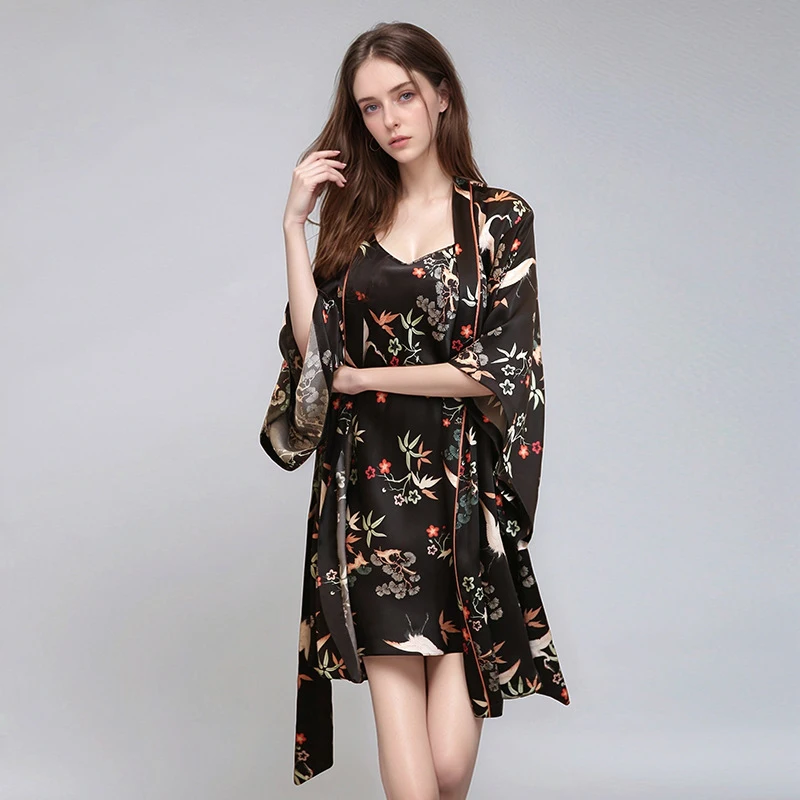 Winsleter-16MM 100% seda auténtica elegante conjunto de bata de noche, estampado Floral, bata de dormir Sexy para mujer, vestido con tirantes, otoño 2025 S5O865CC