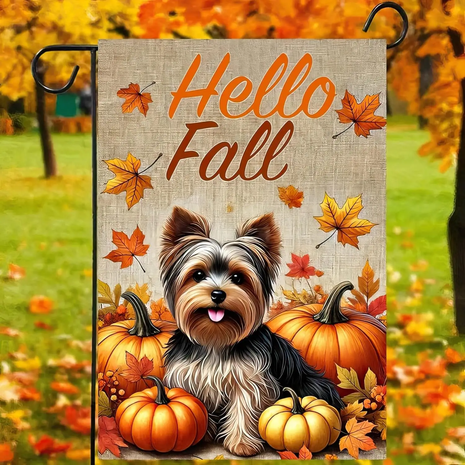 Fall Yorkshire Dog Garden Flag 12X18 Inch Double Sided Hello Fall Dog Flag with Pumpkin and Fallen Leaves, Fall Outdoor Yard Decor Farmhouse Porch Lawn Banner for Thanksgiving Garden Decor