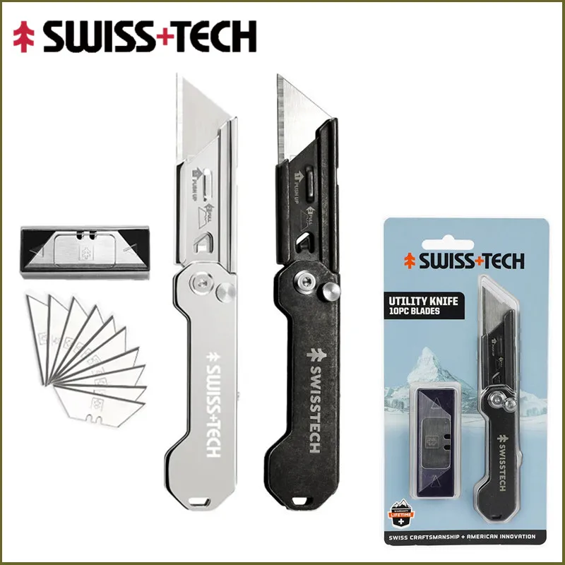 Swiss Tech Folding Utility Knife Unpacking Express Knife Pocket Knife with Belt Clip Small Cutting Blade for Cutting Box Paper