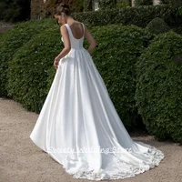 New Arrival Satin Wedding Dress Customized Cap Sleeve Round Neck Applique Draped Skirt Sweep Train Robe De Mariage Bride Gown 2