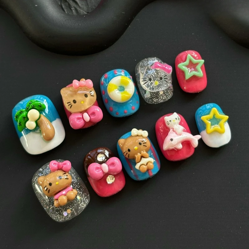 

10Pcs Short Round Handmade Nails Funny Hello Kitty Press on Nails 3D Diy Cartoon Charms Fake Nail Art Tips for Sweet Girls