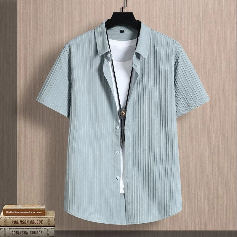 

Solid Color Short Sleeve Turn-down Collar Button Cardigan for Men's Clothing Summer Casual Shirt Preppy Style Boyfriend Tops