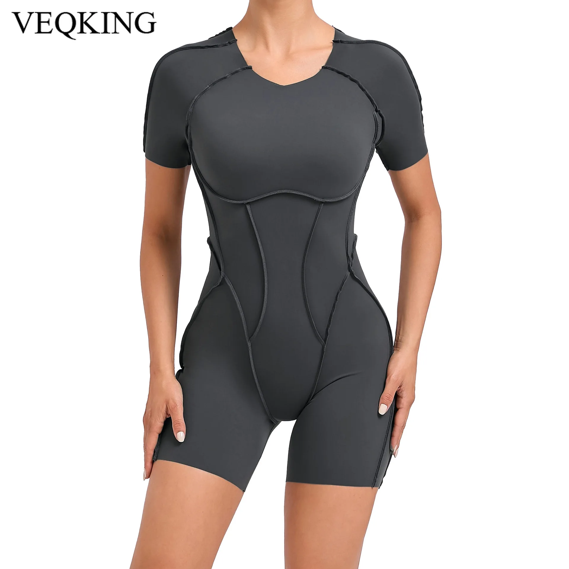 

VEQKING Sexy Lines Women Yoga Jumpsuits Hollow Back Sports Shorts Tracksuits Detachable Pads Hip Lift Gym Workout Bodysuits