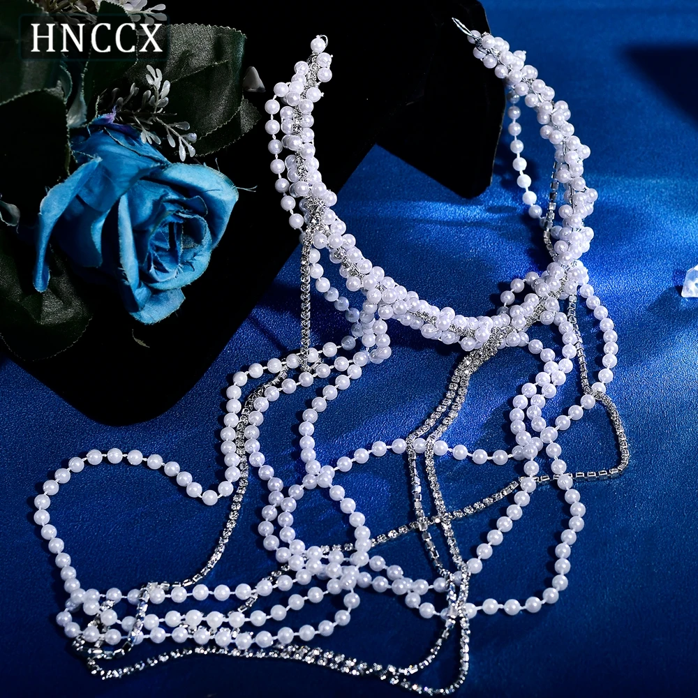 HNCCX Long Tassel Bride Headband Pearl Chain Wedding Headpieces Handmade Rhinestone Tassel Headwear Hair Accessories CP800