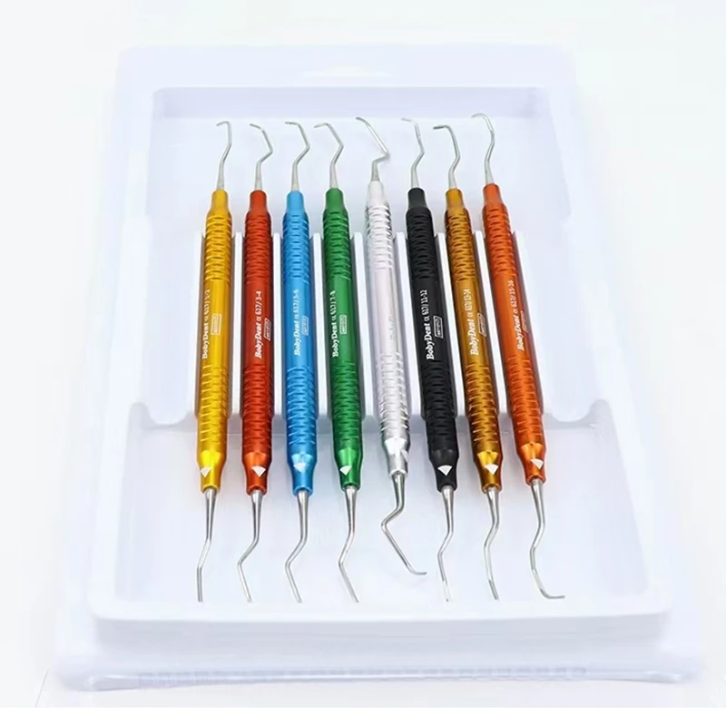 8 unids/set odontología juego de escalador colorido de alta calidad limpieza de dientes periodontales eliminación de cálculo mango de aleación de aluminio herramienta raspador