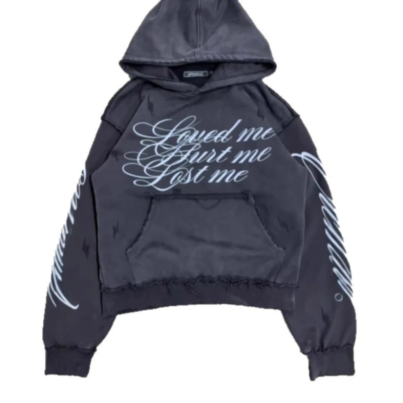 Vintage Washed Grunge Distressed Hoodie Cursive Script Graphic Cropped Pullover Y2K Dark Streetwear Raw Edge Sweatshirt