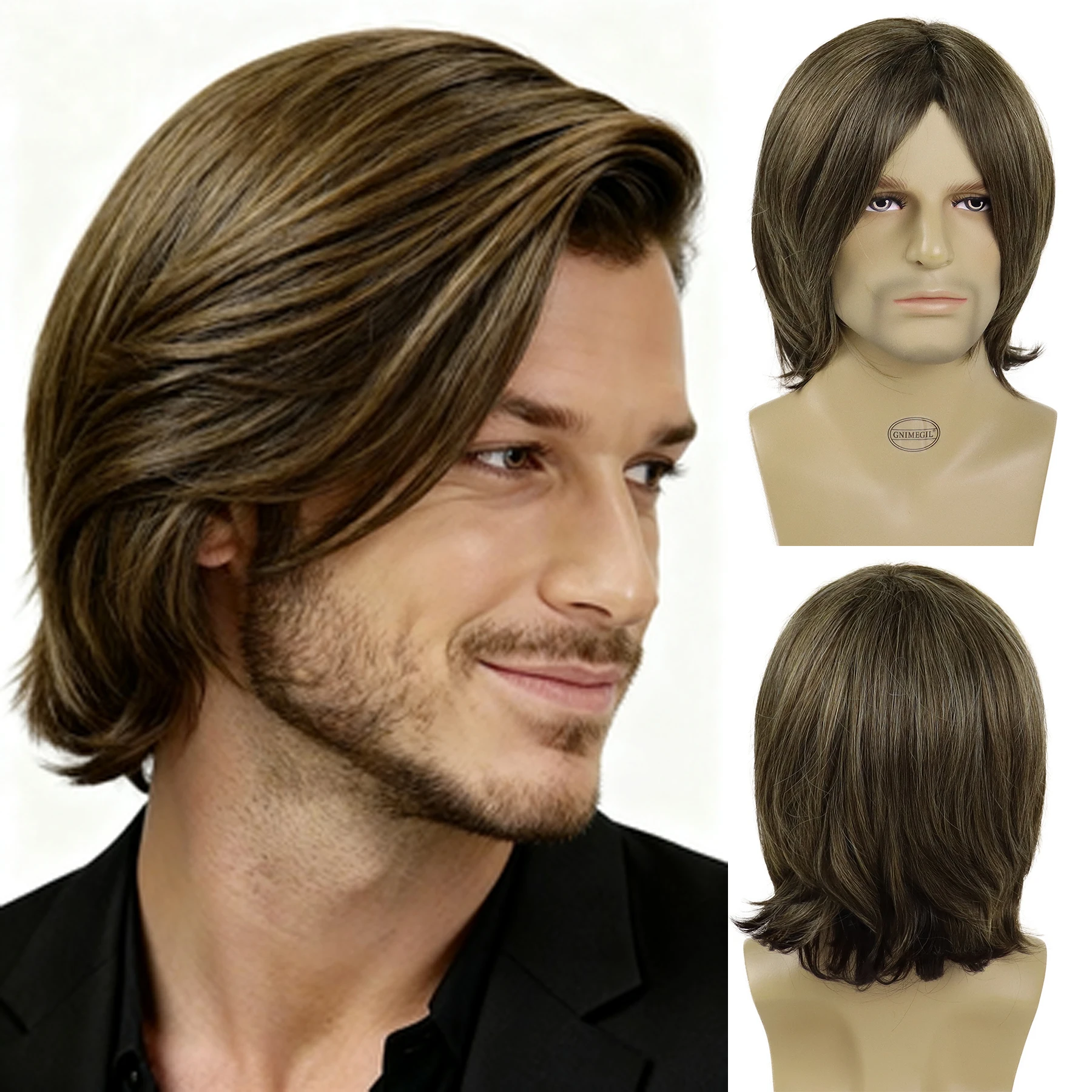 

Synthetic Fiber Short Brown Wig for Men Hair Replacement Wigs with Bangs Daddy Wig Gifts Man Daily Costume Party Heat Resistant
