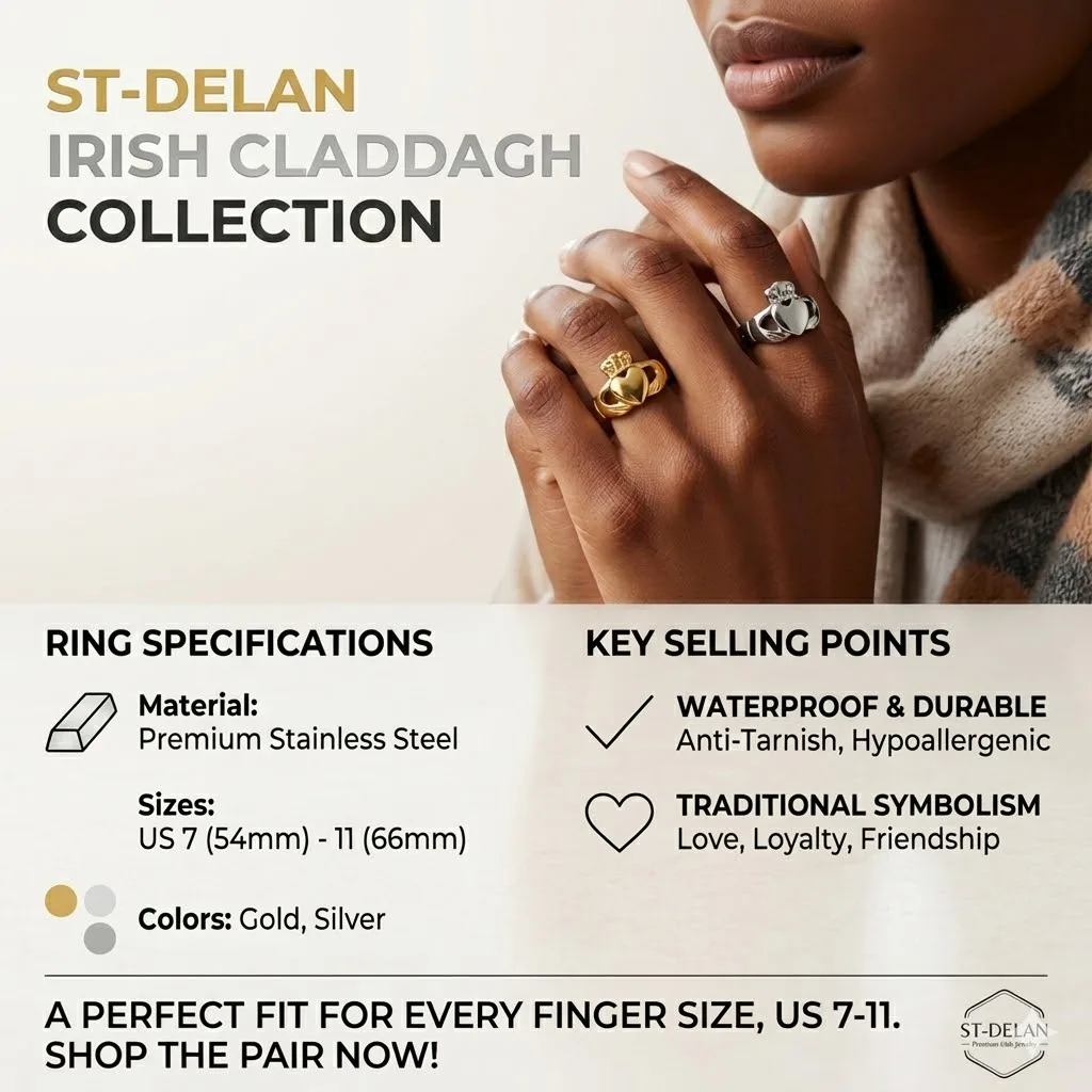 18K Gold Plated Stainless Steel Claddagh Ring, Rish Promise Ring, Love Loyalty Friendship Jewelry for Women