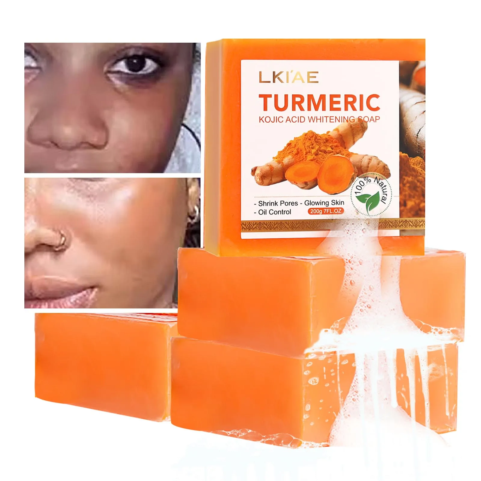 

LKIAE Organic Turmeric Soap Bar, Natural HandMade Whitening Soap, Anti Melanin, Acne, Breakouts, For Face and Body, 200g