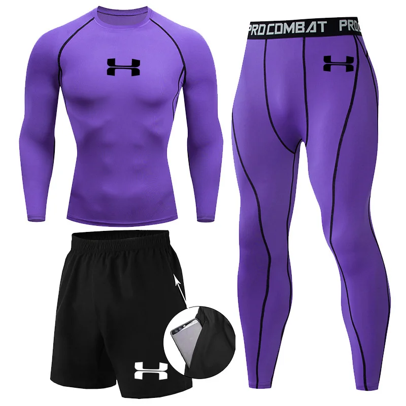 N-Print Rashguard Men Sportswear Compression Suits Quick Dry Gym Fitness Running Tracksuits Men T Shirts+Shorts 3 Pieces Sets