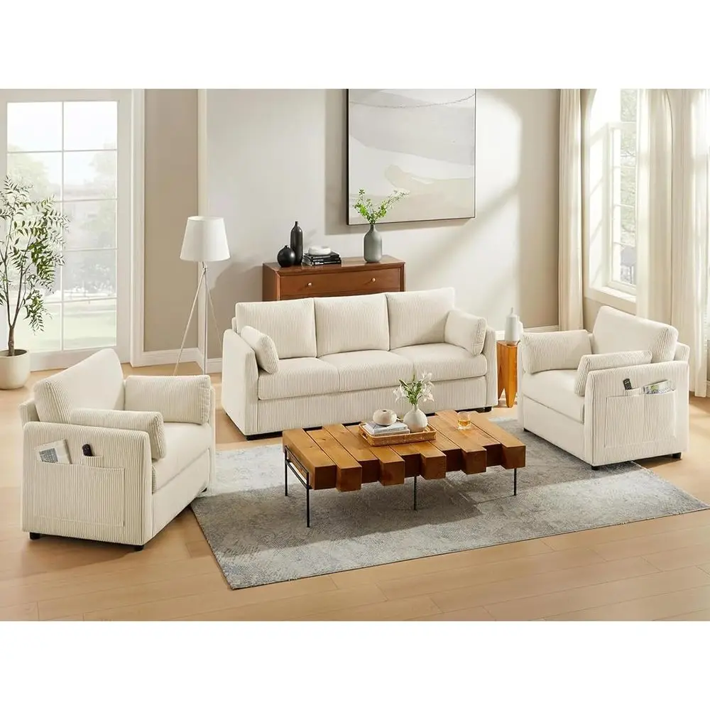 3 Pieces Corduroy Living Room Soa Sets, 3-Seater Couch with Set o 2 Reading Armchairs, Comy Pillows and Storage kets, ern Living